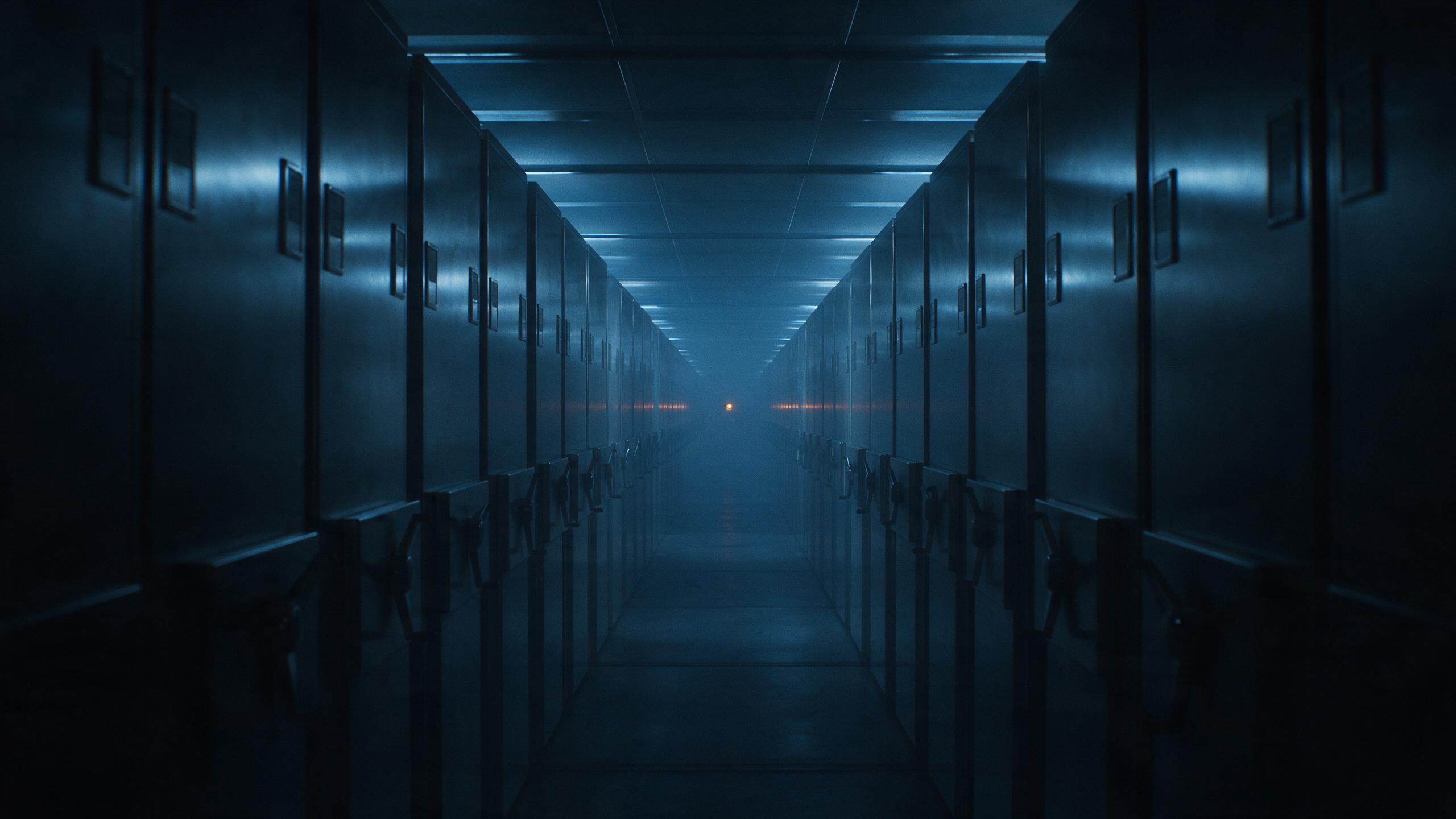 AI-generated image: a symmetrical corridor of brushed steel filing cabinets lit by cold light strips.